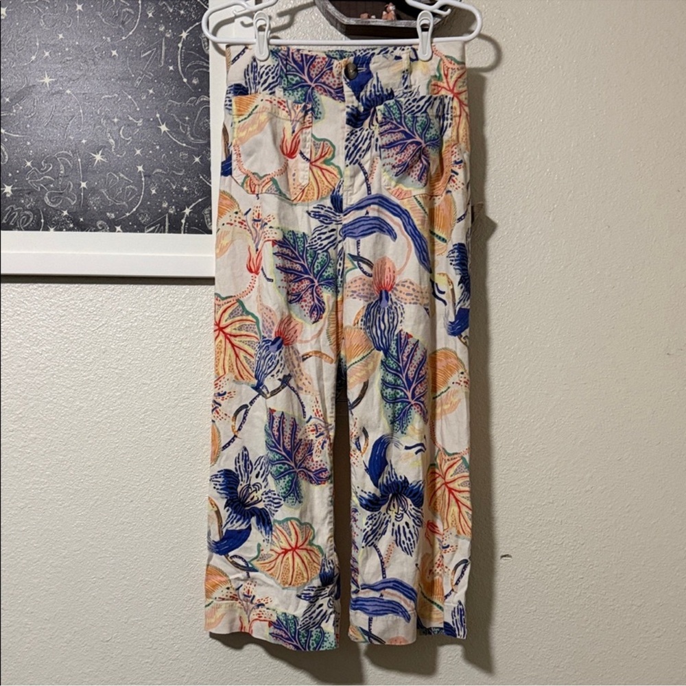 Anthropologie Cream Floral Wide-Leg Pants - Picture 2 of 5